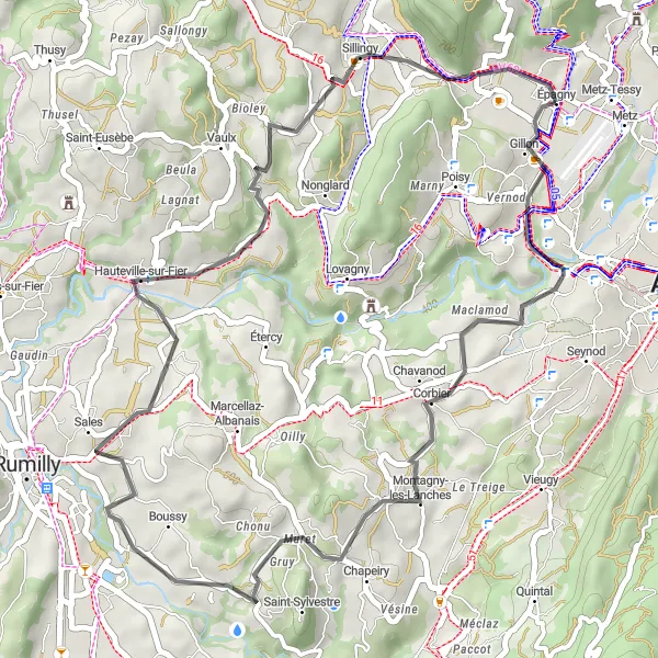 Map miniature of "The Countryside Delight" cycling inspiration in Rhône-Alpes, France. Generated by Tarmacs.app cycling route planner