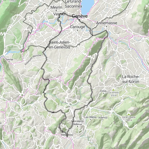 Miniaturní mapa "Cyklistická trasa Montagne de la Mandallaz - Château de la Balme - Cernex - Vernier - Mont Gosse - La Muraz - Groisy - Cuvat" inspirace pro cyklisty v oblasti Rhône-Alpes, France. Vytvořeno pomocí plánovače tras Tarmacs.app