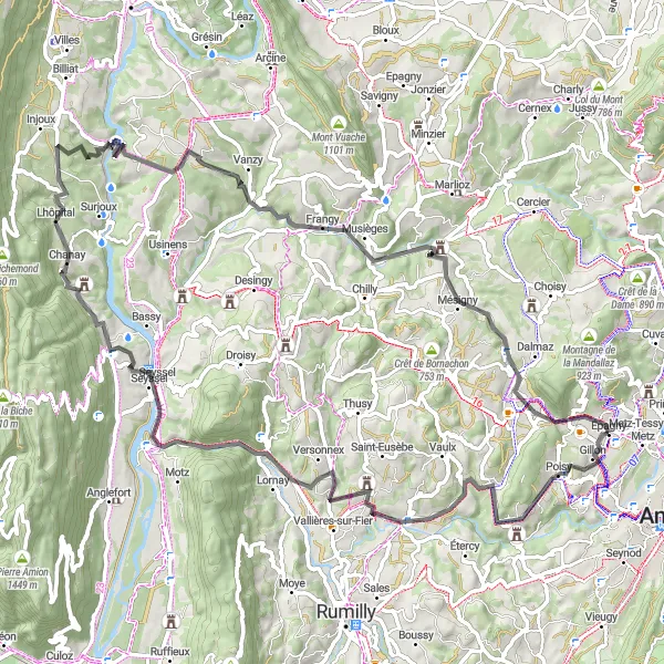 Miniature de la carte de l'inspiration cycliste "Boucle Champêtre" dans la Rhône-Alpes, France. Générée par le planificateur d'itinéraire cycliste Tarmacs.app