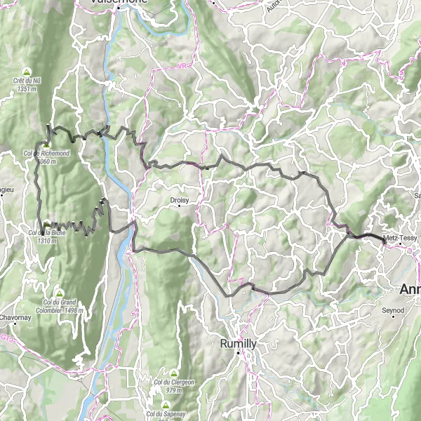 Miniaturní mapa "Cyklo okruh Hauteville-sur-Fier - Lornay - Seyssel - Col de la Biche - Col de Richemond - Surjoux - Desingy - Crêt de Tilly - Sillingy - La Tête" inspirace pro cyklisty v oblasti Rhône-Alpes, France. Vytvořeno pomocí plánovače tras Tarmacs.app