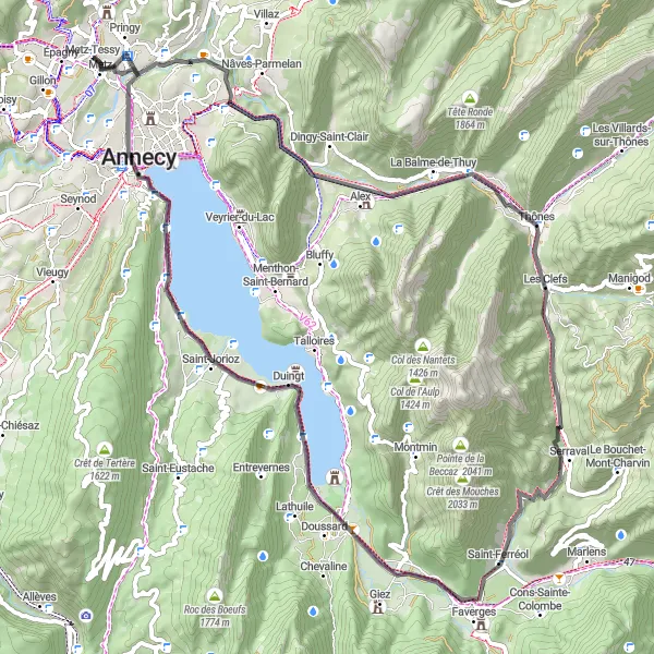 Miniaturní mapa "Road Kruhová cesta přes Argonay a Doussard" inspirace pro cyklisty v oblasti Rhône-Alpes, France. Vytvořeno pomocí plánovače tras Tarmacs.app