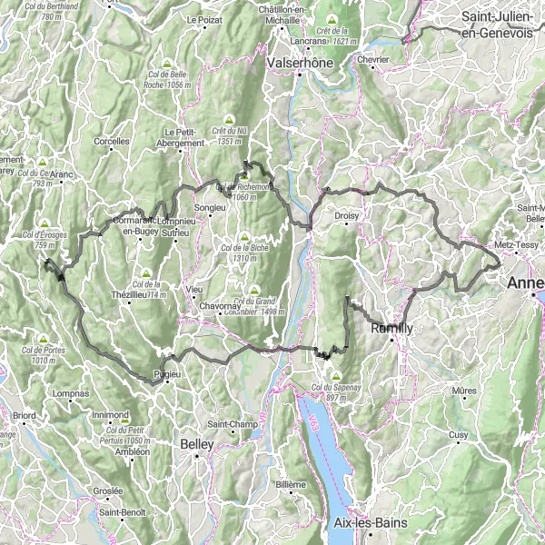 Miniatura della mappa di ispirazione al ciclismo "Percorso ciclabile da Épagny a Lovagny, Rumilly, Col du Clergeon, Ruffieux, Cheignieu-la-Balme, Argis, Hauteville-Lompnes, Col de la Rochette, Col de Richemond, Chanay, Bassy, Crêt de Tilly, Mésigny e La Tête" nella regione di Rhône-Alpes, France. Generata da Tarmacs.app, pianificatore di rotte ciclistiche