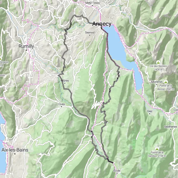 Map miniature of "Haute-Savoie Loop" cycling inspiration in Rhône-Alpes, France. Generated by Tarmacs.app cycling route planner