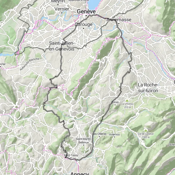 Map miniature of "Épagny to Montagne de la Mandallaz Loop" cycling inspiration in Rhône-Alpes, France. Generated by Tarmacs.app cycling route planner