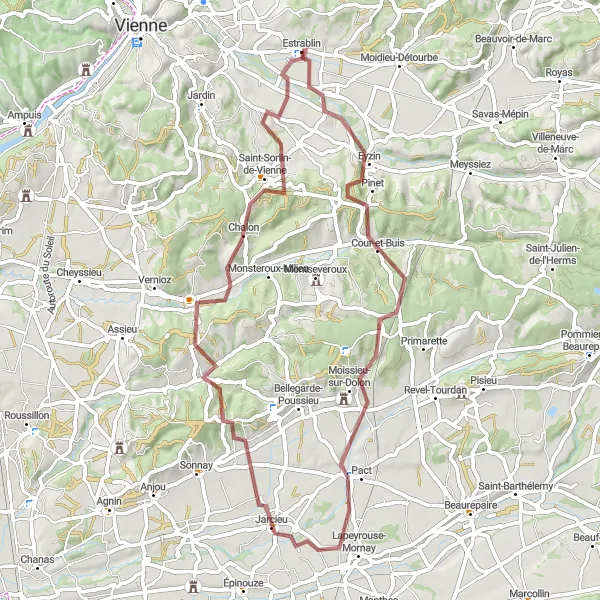 Miniatura della mappa di ispirazione al ciclismo "Esplorazione in gravel vicino a Estrablin" nella regione di Rhône-Alpes, France. Generata da Tarmacs.app, pianificatore di rotte ciclistiche