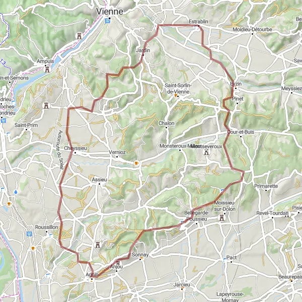 Miniatuurkaart van de fietsinspiratie "Rondrit vanaf Estrablin naar Bellegarde-Poussieu, Agnin en Les Côtes-d'Arey" in Rhône-Alpes, France. Gemaakt door de Tarmacs.app fietsrouteplanner