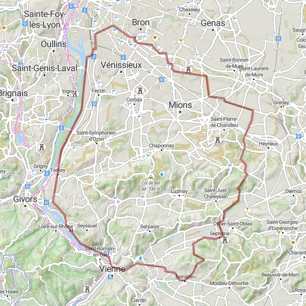 Miniatua del mapa de inspiración ciclista "Ruta de Grava por los alrededores de Estrablin" en Rhône-Alpes, France. Generado por Tarmacs.app planificador de rutas ciclistas