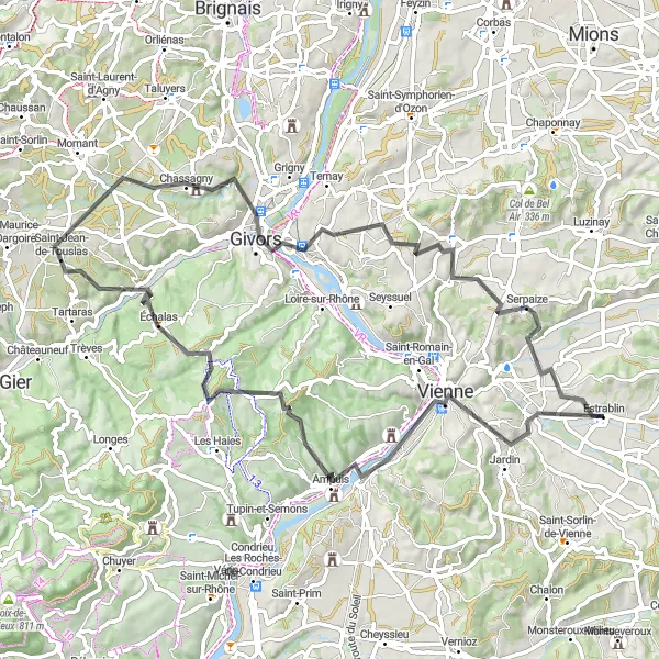 Map miniature of "The Rhône Valley Circuit" cycling inspiration in Rhône-Alpes, France. Generated by Tarmacs.app cycling route planner