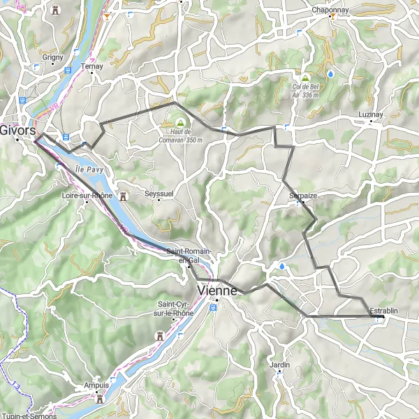 Map miniature of "The Vienne Loop" cycling inspiration in Rhône-Alpes, France. Generated by Tarmacs.app cycling route planner