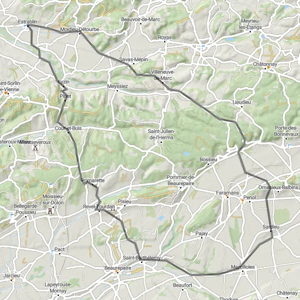 Kartminiatyr av "Landsvägsäventyr genom Marcilloles" cykelinspiration i Rhône-Alpes, France. Genererad av Tarmacs.app cykelruttplanerare