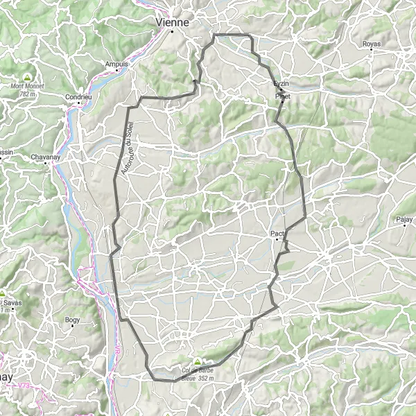 Map miniature of "Challenging Climbs and Scenic Landscapes" cycling inspiration in Rhône-Alpes, France. Generated by Tarmacs.app cycling route planner