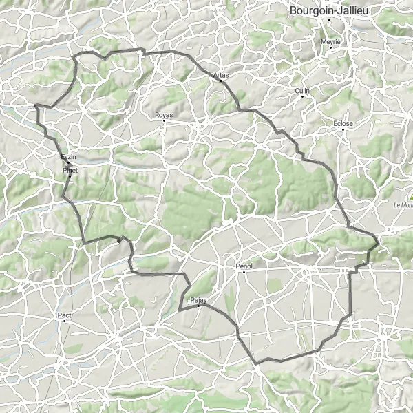 Map miniature of "Estrablin Epic Road Cycling Route" cycling inspiration in Rhône-Alpes, France. Generated by Tarmacs.app cycling route planner