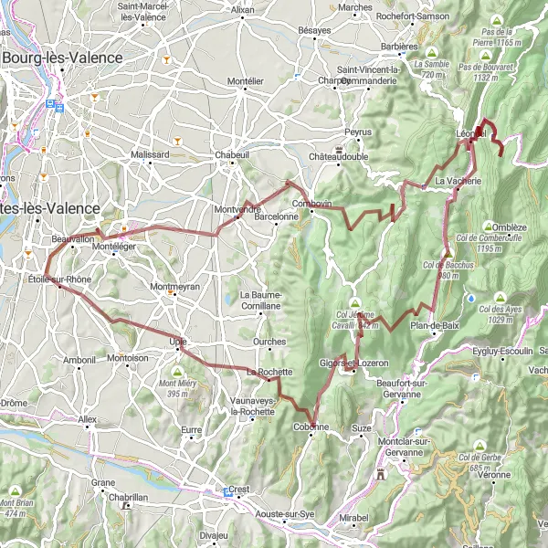 Miniaturní mapa "Náročný gravelový okruh s průsmyky" inspirace pro cyklisty v oblasti Rhône-Alpes, France. Vytvořeno pomocí plánovače tras Tarmacs.app