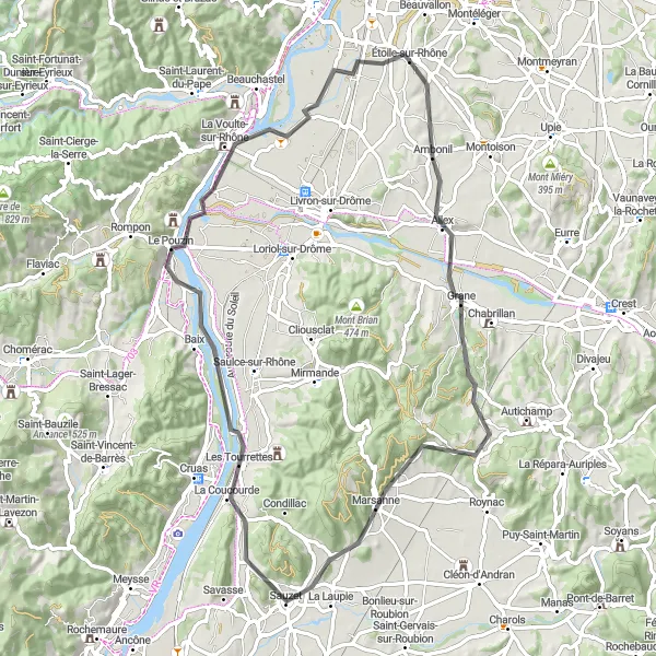 Map miniature of "The Allex Loop" cycling inspiration in Rhône-Alpes, France. Generated by Tarmacs.app cycling route planner