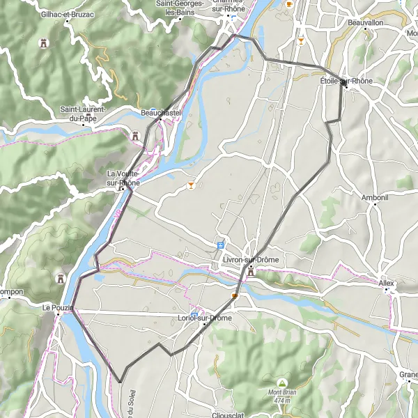 Kartminiatyr av "Rhônedalen Kort Landeveiseventyr" sykkelinspirasjon i Rhône-Alpes, France. Generert av Tarmacs.app sykkelrutoplanlegger