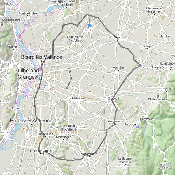 Miniatura della mappa di ispirazione al ciclismo "Passeggiata tra Bourg-lès-Valence e Montmeyran" nella regione di Rhône-Alpes, France. Generata da Tarmacs.app, pianificatore di rotte ciclistiche