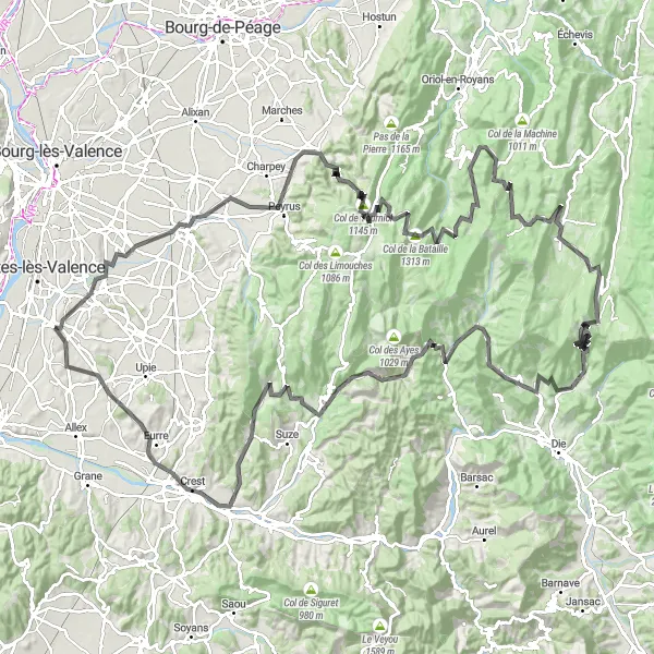 Miniature de la carte de l'inspiration cycliste "Défi des Cols du Vercors" dans la Rhône-Alpes, France. Générée par le planificateur d'itinéraire cycliste Tarmacs.app