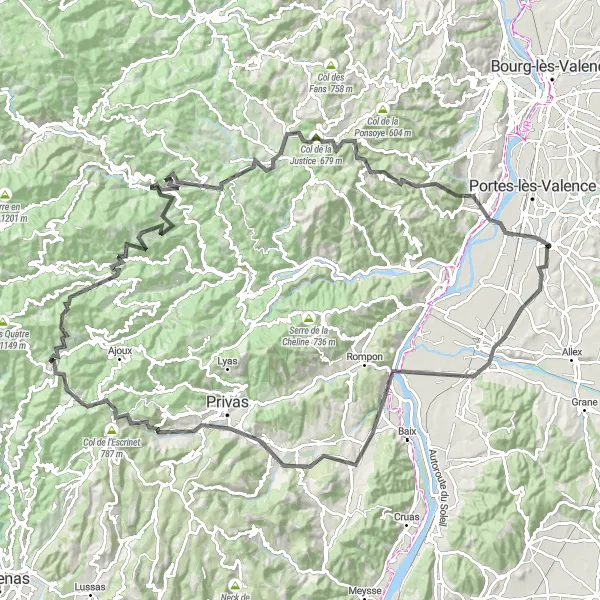 Mapa miniatúra "Významné cyklotrasy okolo Étoile-sur-Rhône" cyklistická inšpirácia v Rhône-Alpes, France. Vygenerované cyklistickým plánovačom trás Tarmacs.app