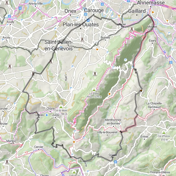 Karttaminiaatyyri "Kiehtova maantiepyöräilyreitti Étrembièresin ympäri" pyöräilyinspiraatiosta alueella Rhône-Alpes, France. Luotu Tarmacs.app pyöräilyreittisuunnittelijalla