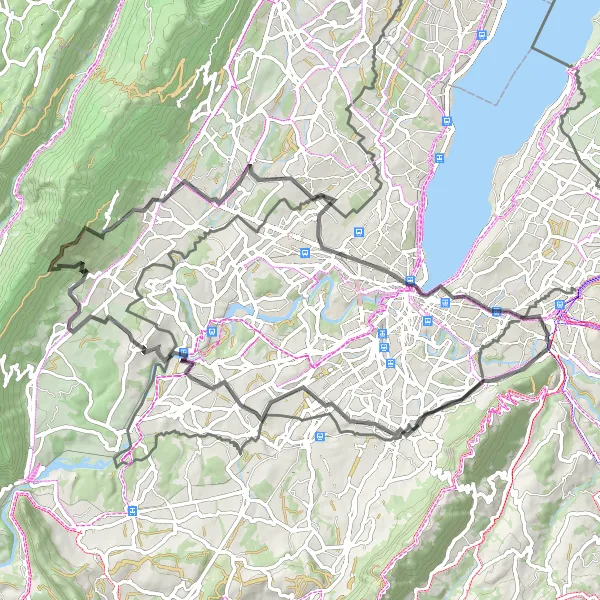 Karttaminiaatyyri "Jännittävä moottoritien maastopyöräilyreitti" pyöräilyinspiraatiosta alueella Rhône-Alpes, France. Luotu Tarmacs.app pyöräilyreittisuunnittelijalla
