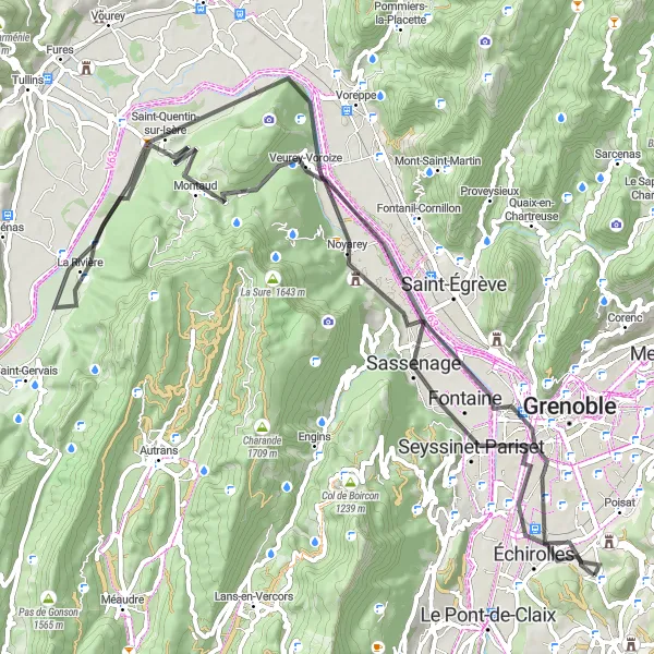 Map miniature of "Isère Exploration" cycling inspiration in Rhône-Alpes, France. Generated by Tarmacs.app cycling route planner