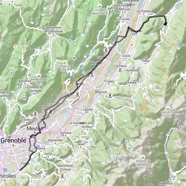 Map miniature of "Eybens to Mondieu Road" cycling inspiration in Rhône-Alpes, France. Generated by Tarmacs.app cycling route planner