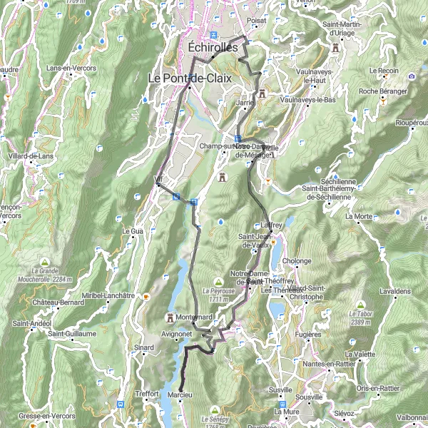 Miniatua del mapa de inspiración ciclista "Ruta de 78 km por carretera desde Eybens" en Rhône-Alpes, France. Generado por Tarmacs.app planificador de rutas ciclistas