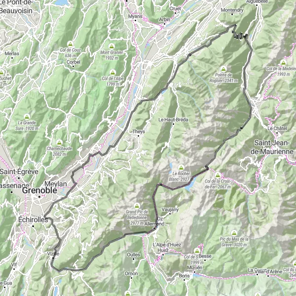 Miniatua del mapa de inspiración ciclista "Recorrido de 180 km en carretera desde Eybens" en Rhône-Alpes, France. Generado por Tarmacs.app planificador de rutas ciclistas