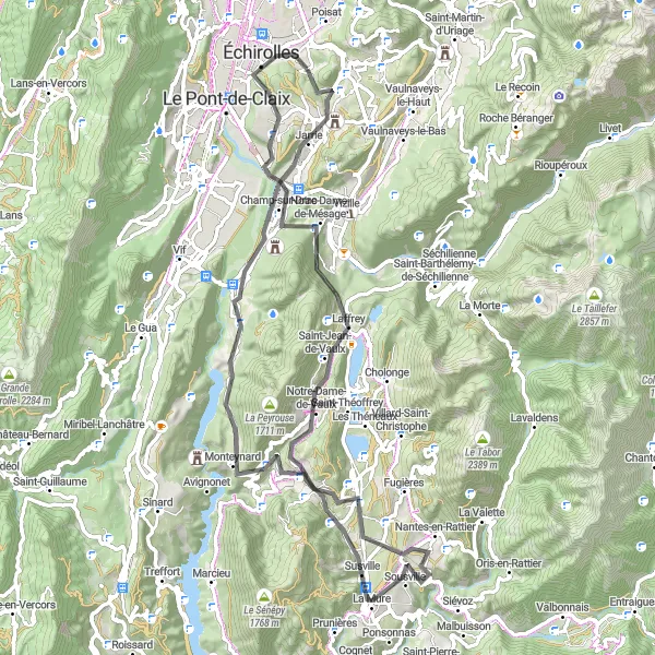 Kartminiatyr av "Utmanande cykeltur runt Eybens" cykelinspiration i Rhône-Alpes, France. Genererad av Tarmacs.app cykelruttplanerare