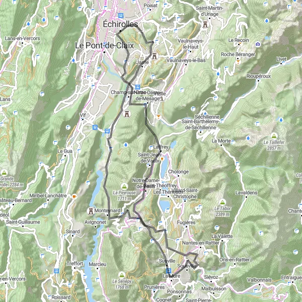 Miniatuurkaart van de fietsinspiratie "Rondje via Champ-sur-Drac en La Mure" in Rhône-Alpes, France. Gemaakt door de Tarmacs.app fietsrouteplanner