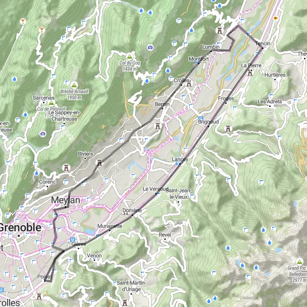 Miniatuurkaart van de fietsinspiratie "Pittoreske route via Meylan en Domène" in Rhône-Alpes, France. Gemaakt door de Tarmacs.app fietsrouteplanner