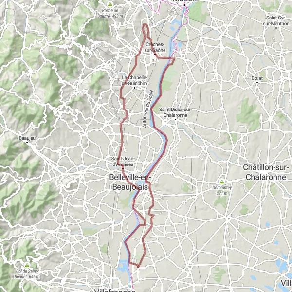 Mapa miniatúra "Jazda na štrkových cestách okolo Fareins" cyklistická inšpirácia v Rhône-Alpes, France. Vygenerované cyklistickým plánovačom trás Tarmacs.app