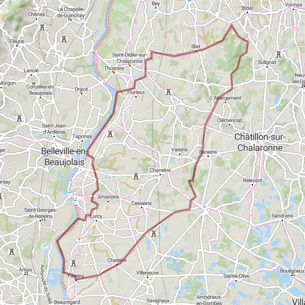 Mapa miniatúra "Náročná cyklotrasa cez okolie Fareins" cyklistická inšpirácia v Rhône-Alpes, France. Vygenerované cyklistickým plánovačom trás Tarmacs.app