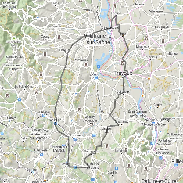 Karten-Miniaturansicht der Radinspiration "Kurze Fahrradtour durch Fareins" in Rhône-Alpes, France. Erstellt vom Tarmacs.app-Routenplaner für Radtouren