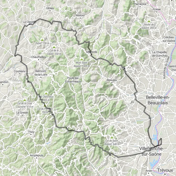 Miniatua del mapa de inspiración ciclista "Ruta de las Colinas del Beaujolais" en Rhône-Alpes, France. Generado por Tarmacs.app planificador de rutas ciclistas