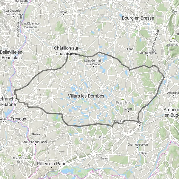 Zemljevid v pomanjšavi "Kolesarska pot okoli Fareins" kolesarske inspiracije v Rhône-Alpes, France. Generirano z načrtovalcem kolesarskih poti Tarmacs.app