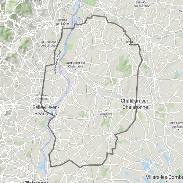 Miniatua del mapa de inspiración ciclista "Ruta de 87 km en carretera desde Fareins" en Rhône-Alpes, France. Generado por Tarmacs.app planificador de rutas ciclistas