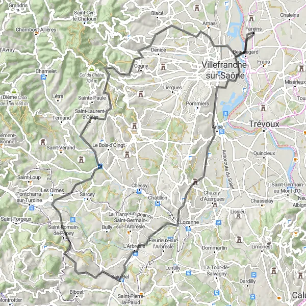 Zemljevid v pomanjšavi "Cestno raziskovanje okoli Fareins" kolesarske inspiracije v Rhône-Alpes, France. Generirano z načrtovalcem kolesarskih poti Tarmacs.app