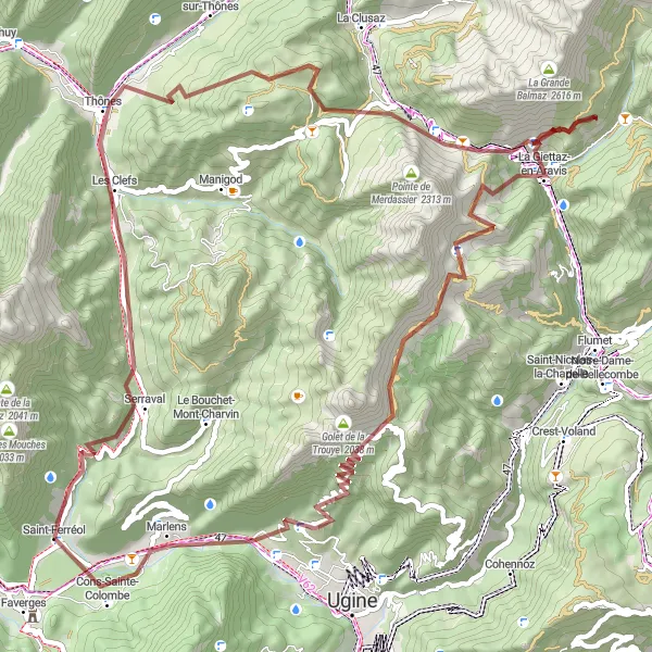 Map miniature of "Exploring the Aravis Mountain Range" cycling inspiration in Rhône-Alpes, France. Generated by Tarmacs.app cycling route planner