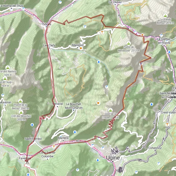 Mapa miniatúra "Gravelová cyklotrasa cez Col des Marais a Les Aravis d'en Bas" cyklistická inšpirácia v Rhône-Alpes, France. Vygenerované cyklistickým plánovačom trás Tarmacs.app