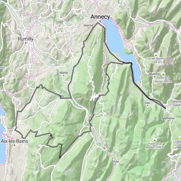 Miniaturní mapa "Trasa kolem Faverges: Cyklotrasa k jezeru Annecy" inspirace pro cyklisty v oblasti Rhône-Alpes, France. Vytvořeno pomocí plánovače tras Tarmacs.app