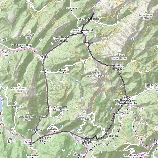 Zemljevid v pomanjšavi "Razgibana kolesarska avantura od Favergesa" kolesarske inspiracije v Rhône-Alpes, France. Generirano z načrtovalcem kolesarskih poti Tarmacs.app