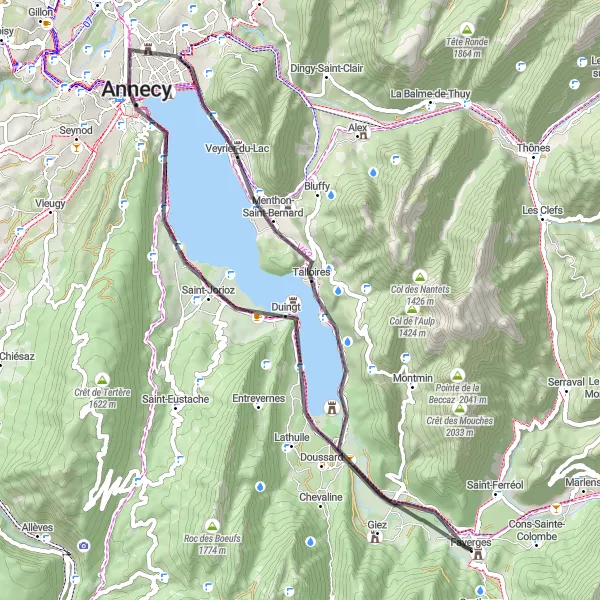 Kartminiatyr av "Faverges til Duingt tilbake via Veyrier-du-Lac" sykkelinspirasjon i Rhône-Alpes, France. Generert av Tarmacs.app sykkelrutoplanlegger