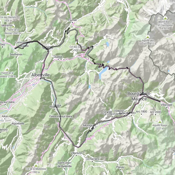 Miniature de la carte de l'inspiration cycliste "Boucle du Cormet de Roselend" dans la Rhône-Alpes, France. Générée par le planificateur d'itinéraire cycliste Tarmacs.app