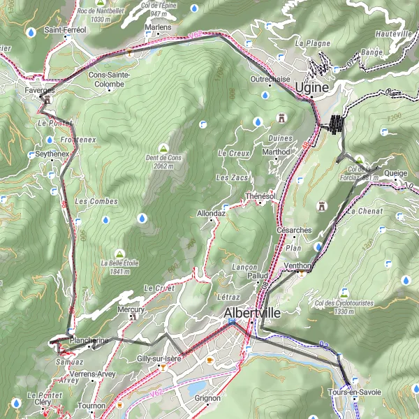 Kartminiatyr av "Faverges til Albertville tilbake via Col de la Forclaz" sykkelinspirasjon i Rhône-Alpes, France. Generert av Tarmacs.app sykkelrutoplanlegger