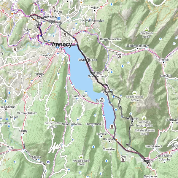 Map miniature of "Scenic Road Cycling around Lake Annecy" cycling inspiration in Rhône-Alpes, France. Generated by Tarmacs.app cycling route planner