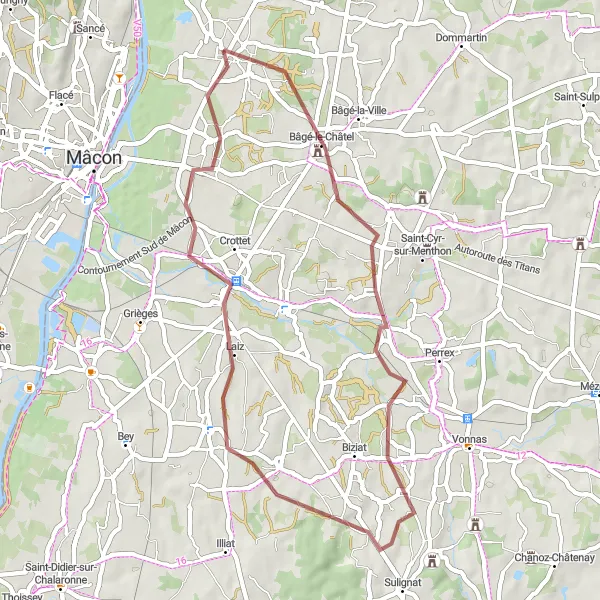 Kartminiatyr av "Grusvei eventyr i nærheten av Feillens" sykkelinspirasjon i Rhône-Alpes, France. Generert av Tarmacs.app sykkelrutoplanlegger