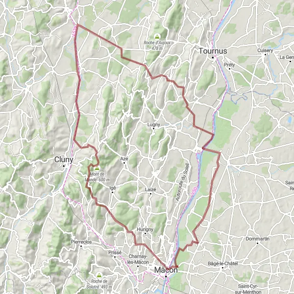 Miniature de la carte de l'inspiration cycliste "Les collines du Mâconnais" dans la Rhône-Alpes, France. Générée par le planificateur d'itinéraire cycliste Tarmacs.app