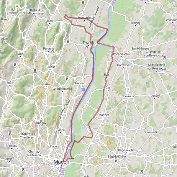 Miniatura della mappa di ispirazione al ciclismo "Percorso in bicicletta gravel fino a Montbellet" nella regione di Rhône-Alpes, France. Generata da Tarmacs.app, pianificatore di rotte ciclistiche