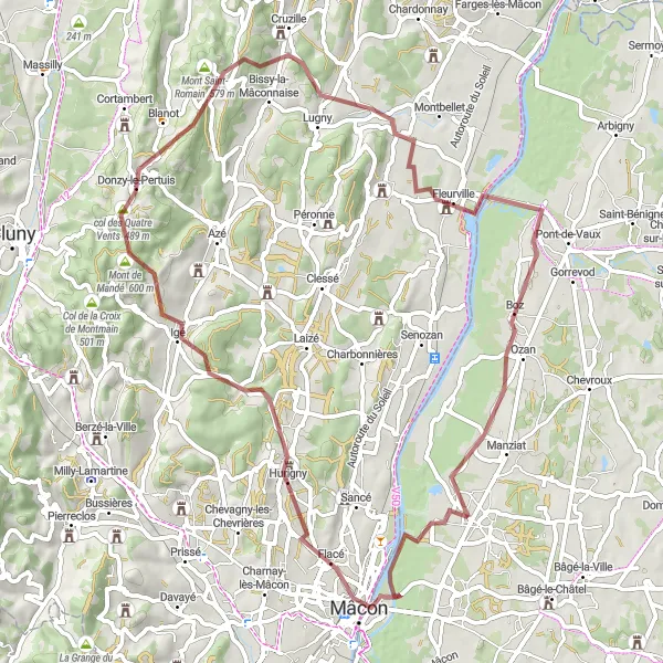 Karttaminiaatyyri "Reitti ympäröi maaseutua ja historiallisia kyliä" pyöräilyinspiraatiosta alueella Rhône-Alpes, France. Luotu Tarmacs.app pyöräilyreittisuunnittelijalla